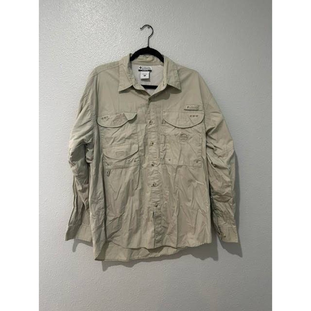 Columbia PFG Bahama II Long Sleeve Fishing Shirt Tan Khaki Mens Small Vented